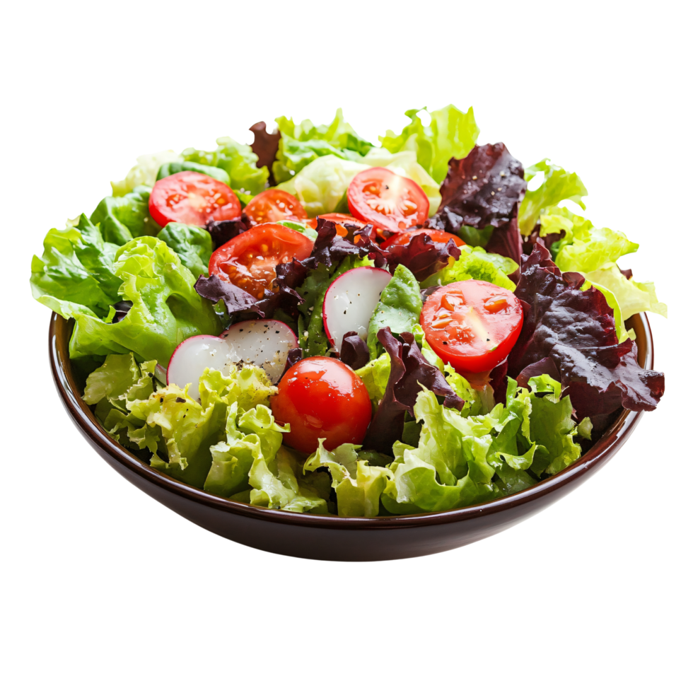 Bowl of fresh salad with lettuce, cherry tomatoes, and greens leaf mix salad and sesame seeds isolated on transparent background png