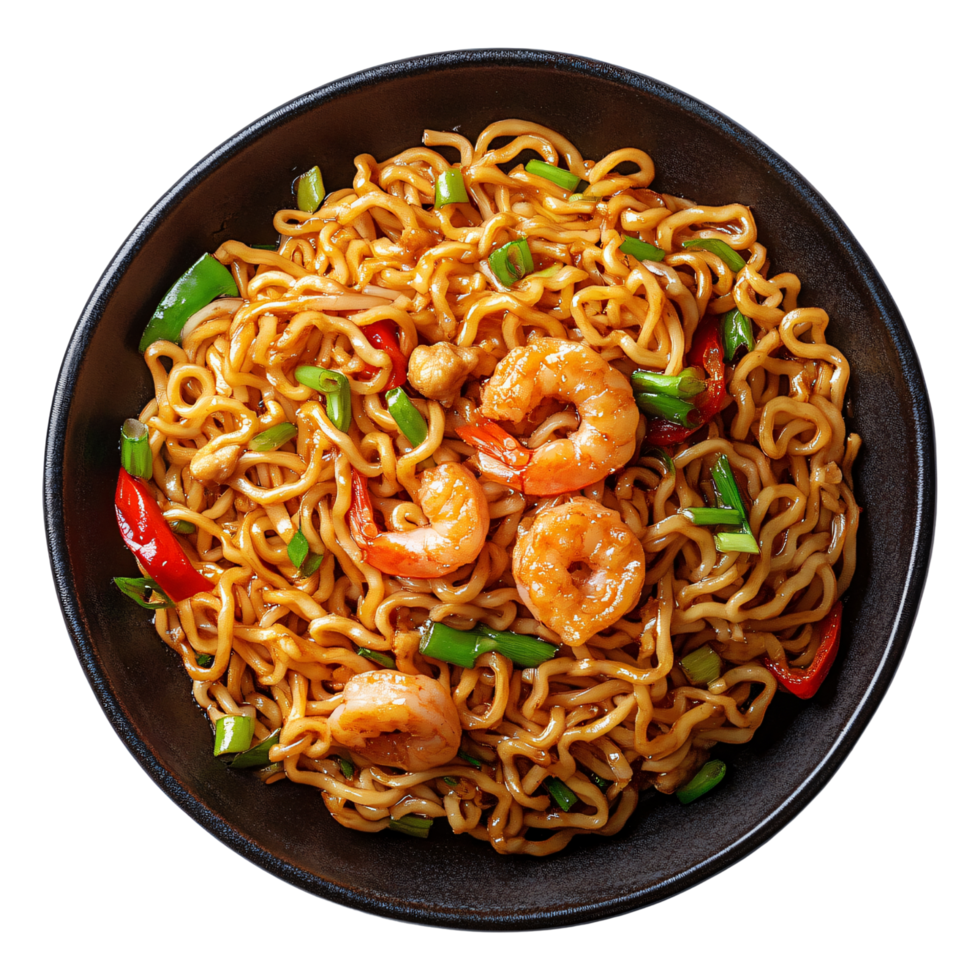 Fried noodles garnished with shrimp, green onions, and chilies on black plate isolated on transparent background png