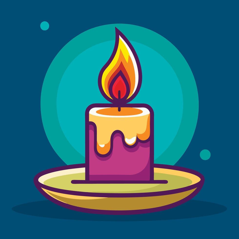 A burning candle on a plate with a blue background vector