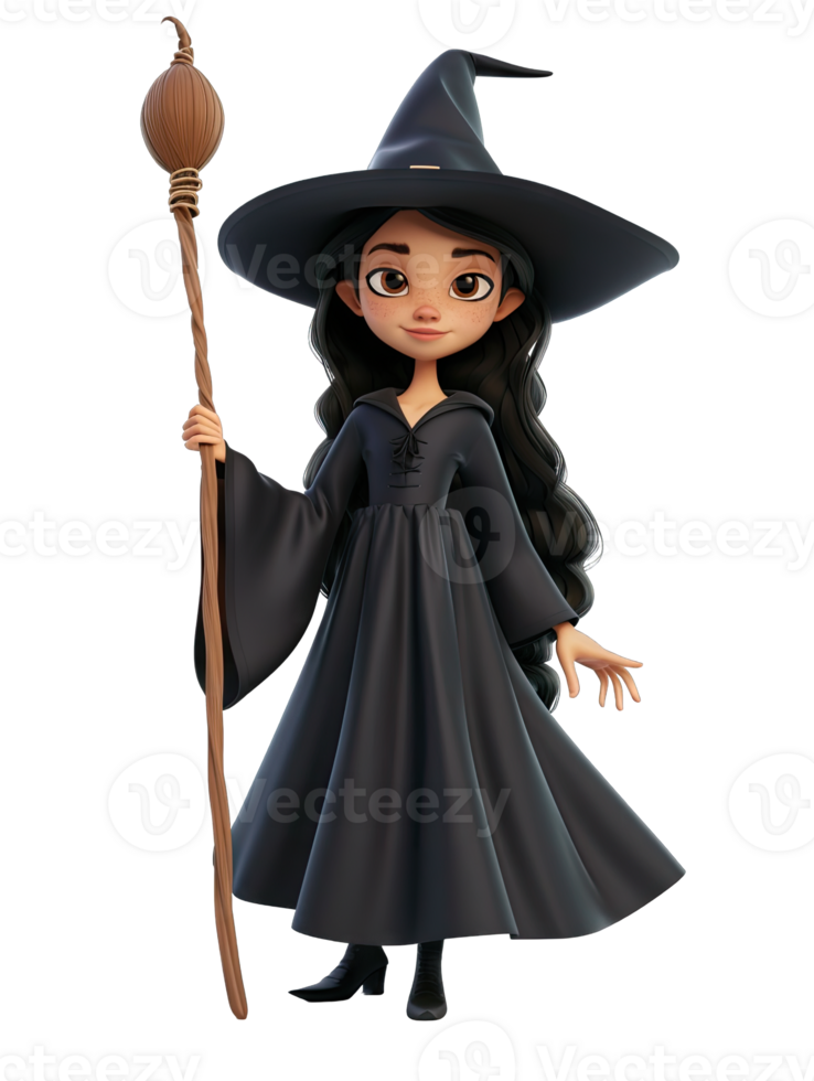 A cartoon witch holding a staff and a broom png