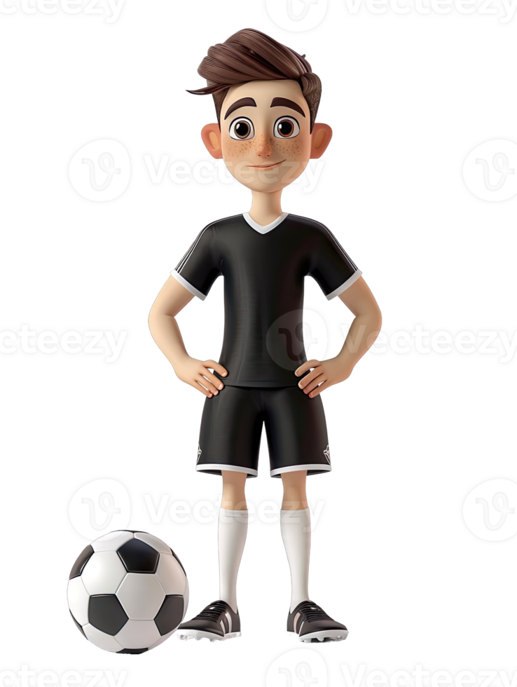 A cartoon boy in black soccer uniform standing next to a soccer ball png