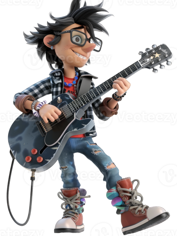 A cartoon character with glasses and a guitar png