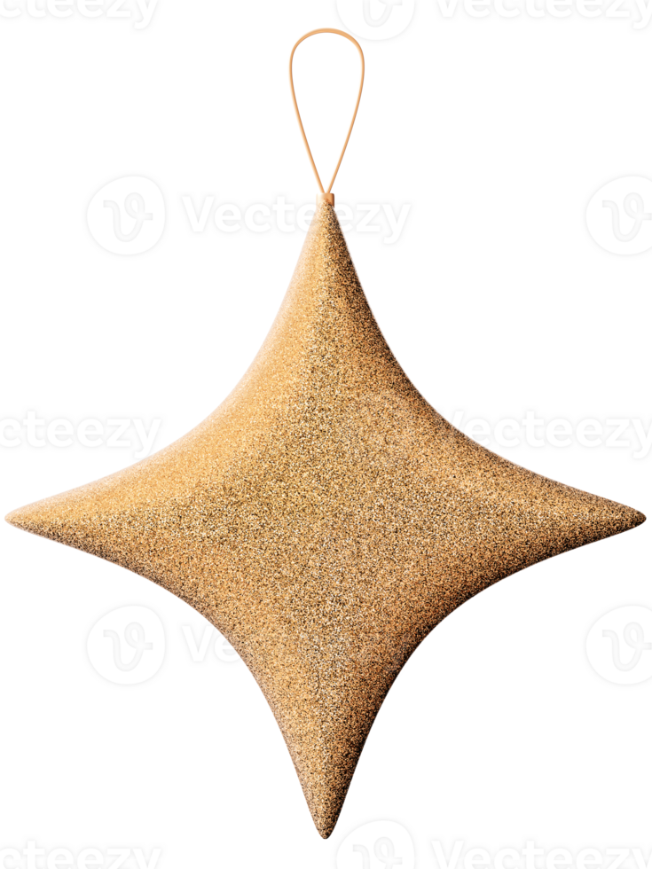 Glittering gold star, on transparent background. Christmas tree decoration. png