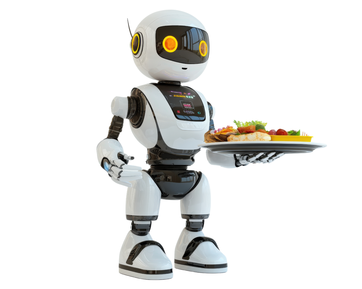 friendly robot serving food on plate, showcasing advanced technology and design. This futuristic robot is perfect for hospitality and service industries png