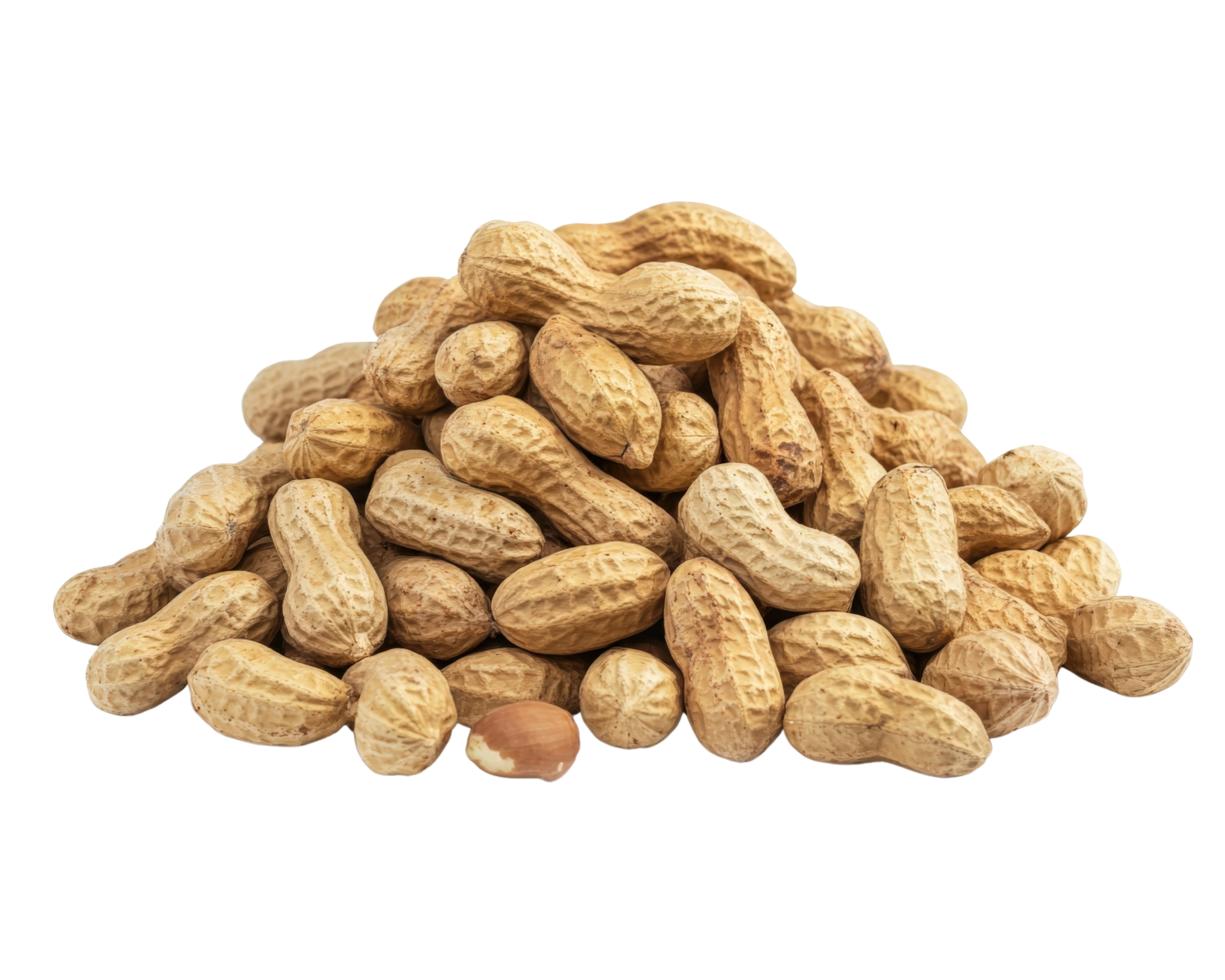Peanuts in their shells, piled high, showcasing their textured surface and natural color. Perfect for snacks or culinary uses png