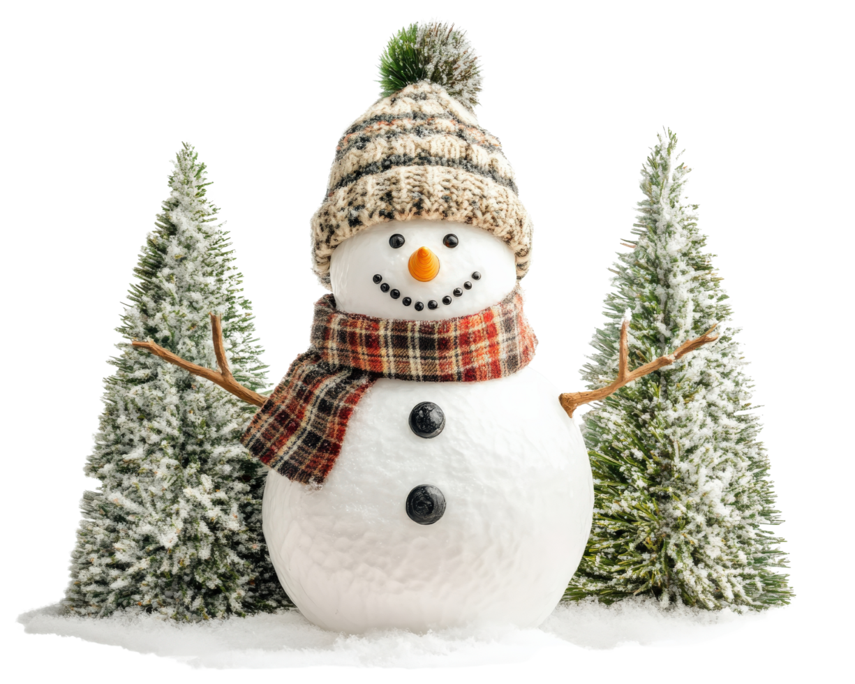 Snowman with knitted hat and scarf, surrounded by snowy trees, evokes cheerful winter scene. Perfect for holiday themes and seasonal decorations png