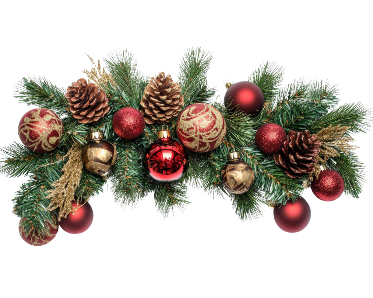 festive Christmas decoration featuring red and gold ornaments, pinecones, and greenery, perfect for holiday celebrations png
