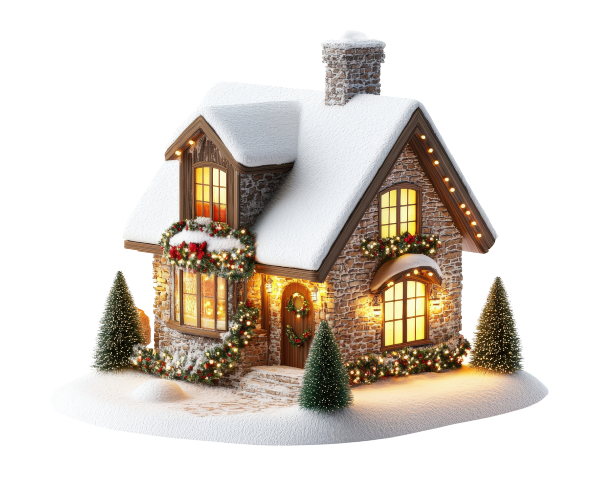 charming winter cottage adorned with festive decorations, snow covered roof, and warm glowing lights, creating cozy holiday atmosphere png