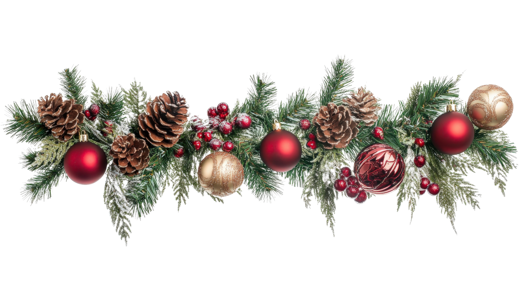 Festive Christmas garland with pinecones, red ornaments, and berries. This beautiful decoration adds warm and joyful touch to holiday celebrations png
