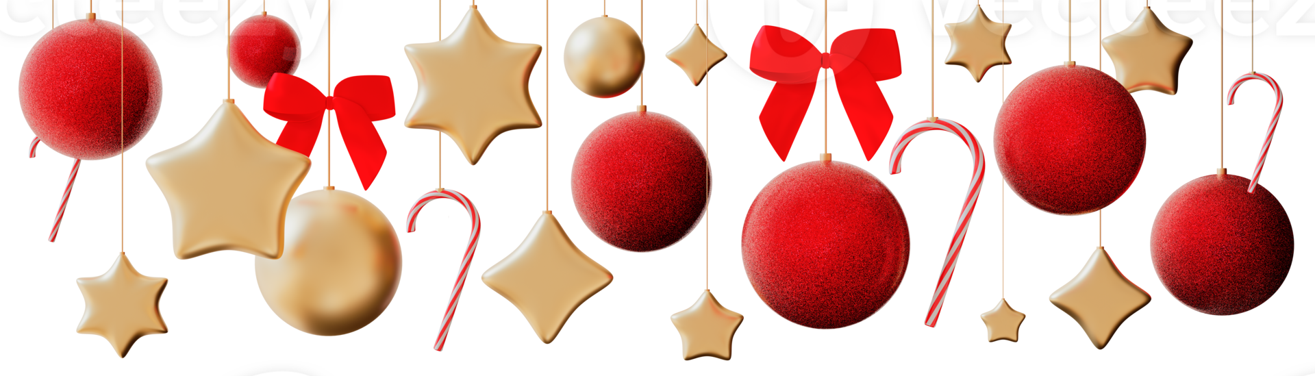 Glittering red and golden balls, baubles on transparent background. Header with hanging Christmas decoration. Perfect for holiday projects, festive designs, seasonal marketing. Top of page. 3D. png