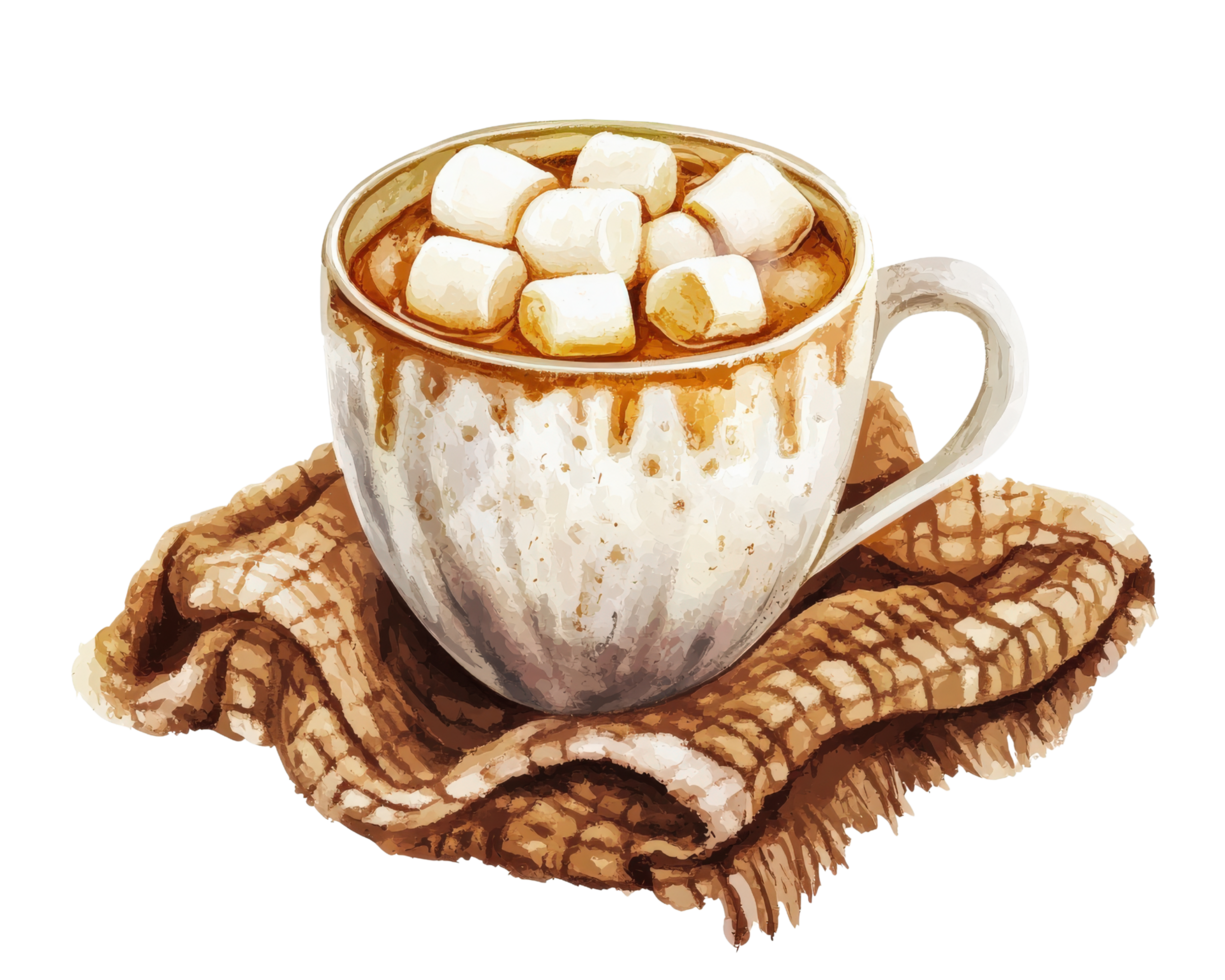 Warm cup of hot chocolate topped with marshmallows, resting on cozy blanket. Perfect for chilly days and comforting treat png