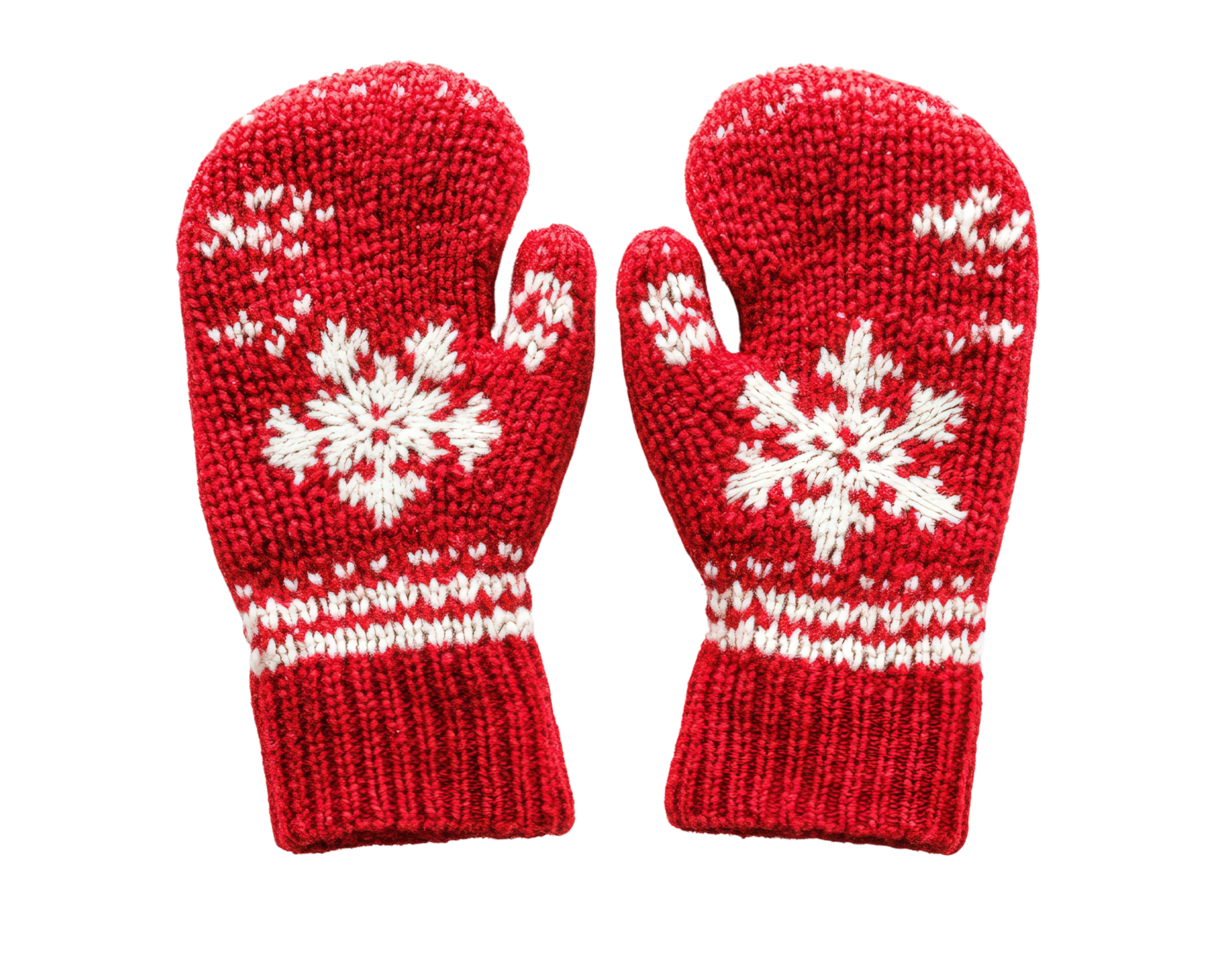 Warm red knitted mittens with white snowflake patterns, perfect for winter activities and keeping hands cozy. Ideal for holiday gifts or festive occasions png