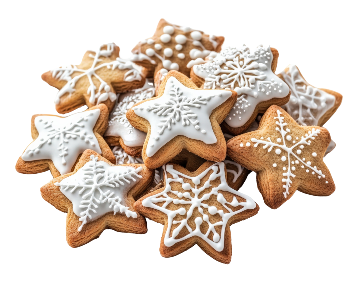 Delicious gingerbread cookies decorated with white icing, featuring festive snowflake designs and star shapes, perfect for holiday celebrations png
