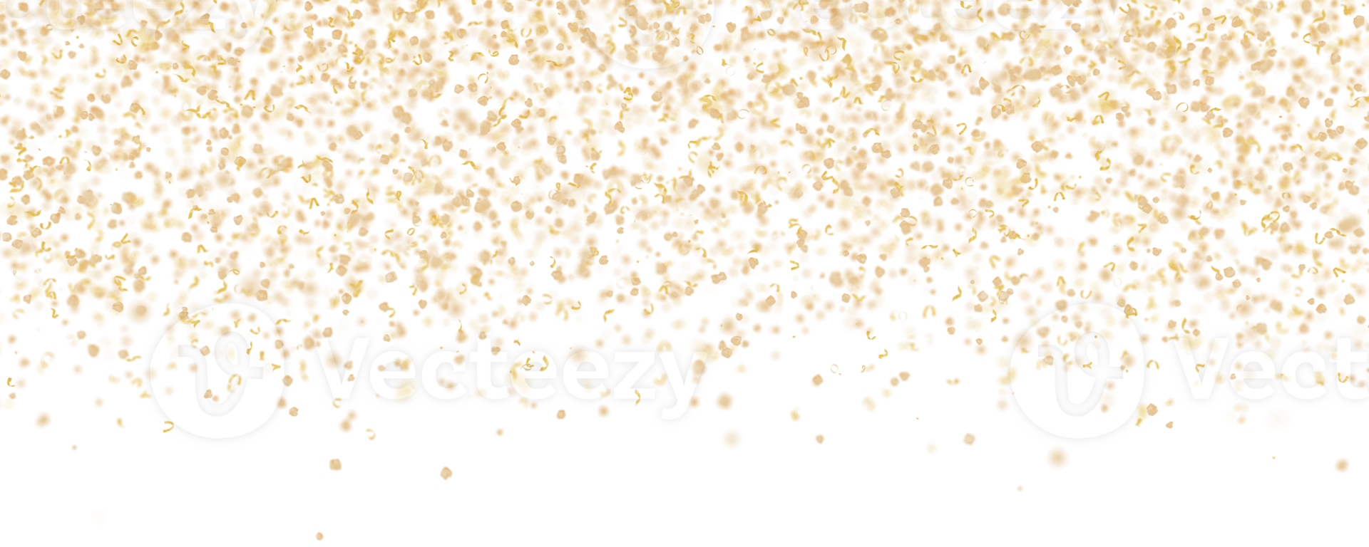 Golden confetti falling down, on transparent background. Perfect for party, celebration or festive-themed projects. Luxuriant header, panoramic element. Birthday, premium event. 3D render. png