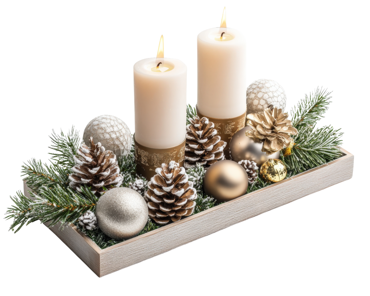 Elegant holiday centerpiece featuring candles, ornaments, and pinecones. Perfect for festive decor, this arrangement brings warmth and joy to any celebration png