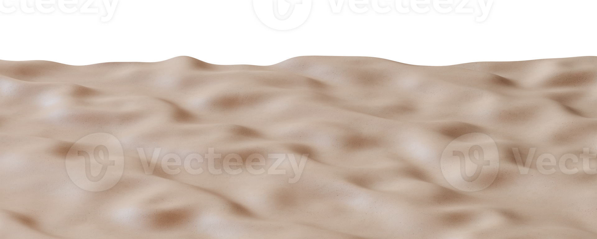 Natural, realistic sand footer in soft beige tones with subtle wavy patterns, on transparent background. Sandy foreground, bottom of the page. Panoramic, wide design element, cut out. 3D render. png