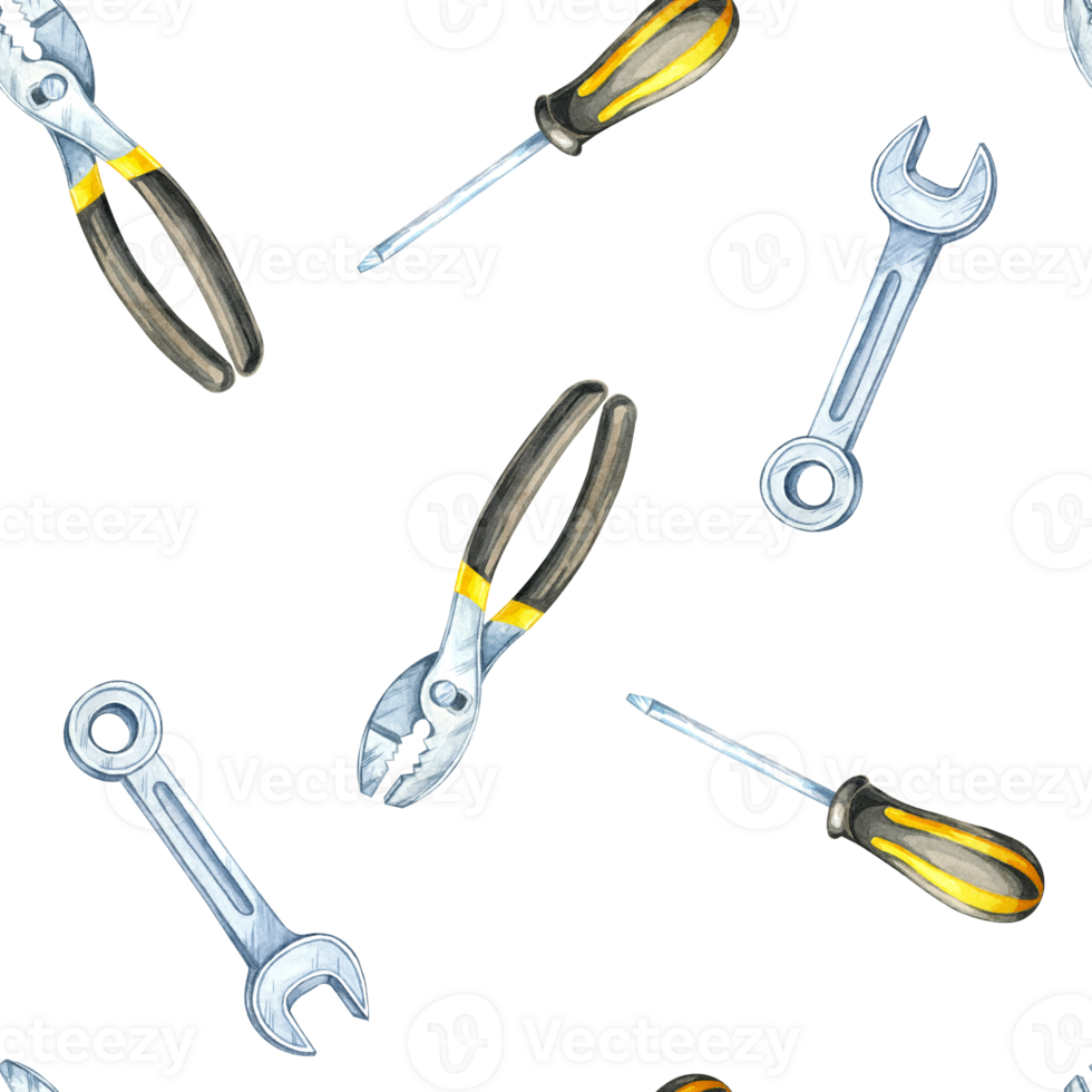 Yellow and black screwdrivers, silver wrenches, and pliers in a watercolor clipart seamless pattern. Perfect for product packaging, apparel, and backgrounds in DIY or tool-related designs png