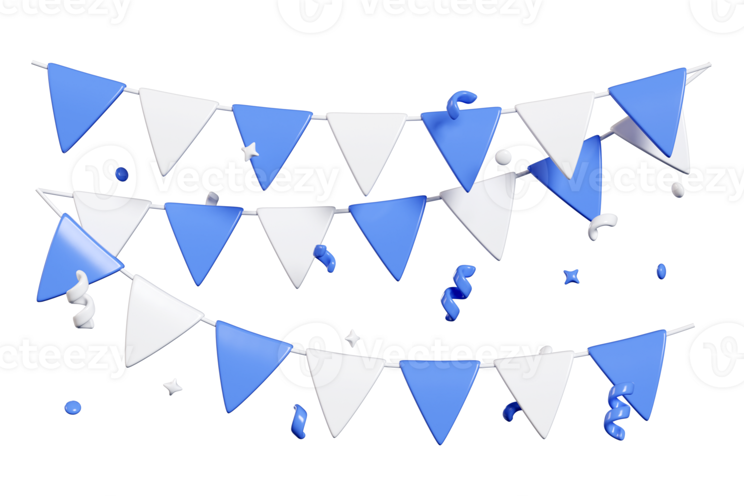 Blue and white bunting party flags arranged in decorative garland with falling confetti streamers. 3D render png