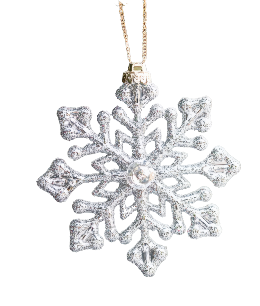 sparkling silver snowflake ornament with intricate details, perfect for holiday decorations. Its shimmering design adds festive touch to any setting png