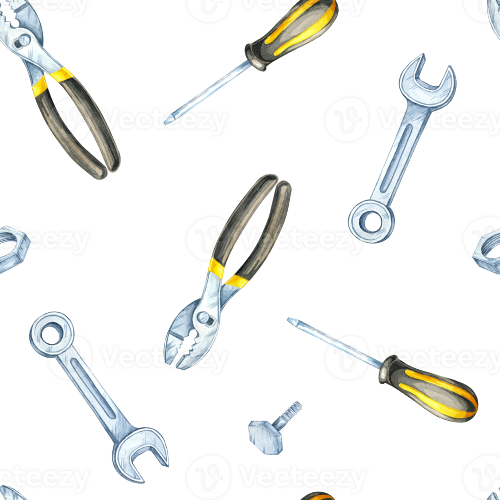 Yellow and black screwdrivers, pliers, and wrenches arranged in a seamless watercolor clipart pattern. Suitable for stationery, home decor, and product designs that celebrate craftsmanship png