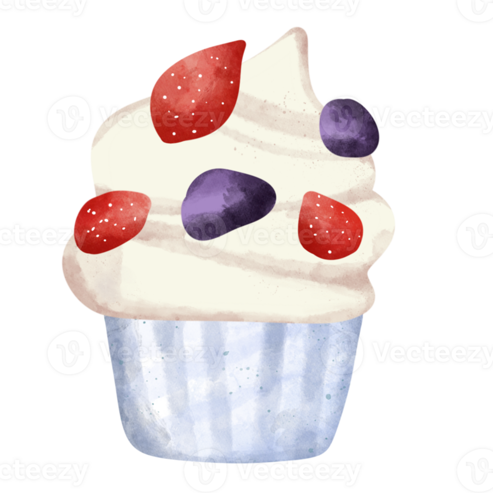 Watercolor berry cream cheese cupcake illustration png