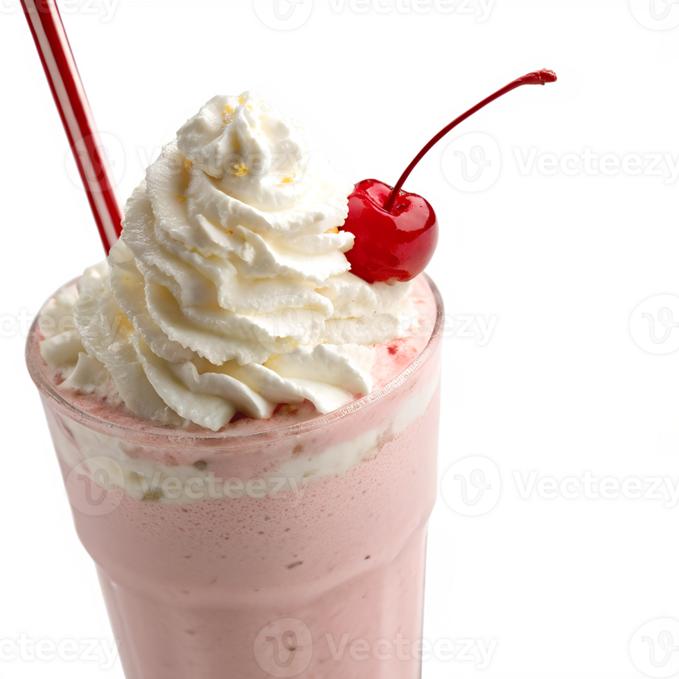 A frosty milkshake topped with whipped cream and a cherry, isolated on a transparent background png