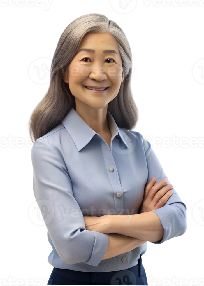 asia old woman in office worker uniform white coolor, lonnng hair with smile, She is crossed arms, isolated on transparent background png