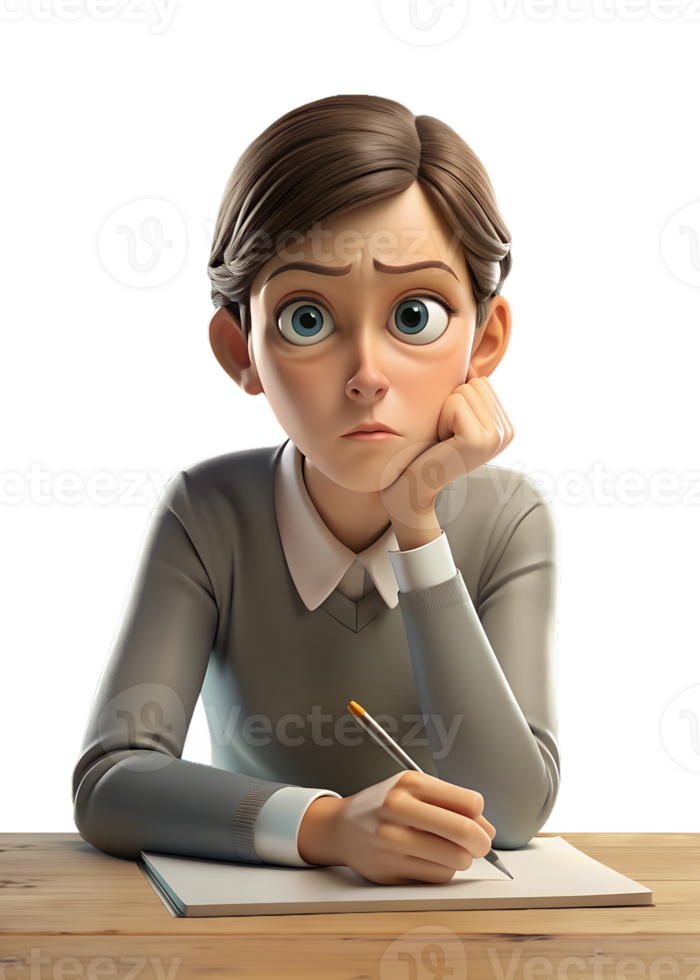 3d style of a person sitting at a desk, leaning forward with a serious expression png
