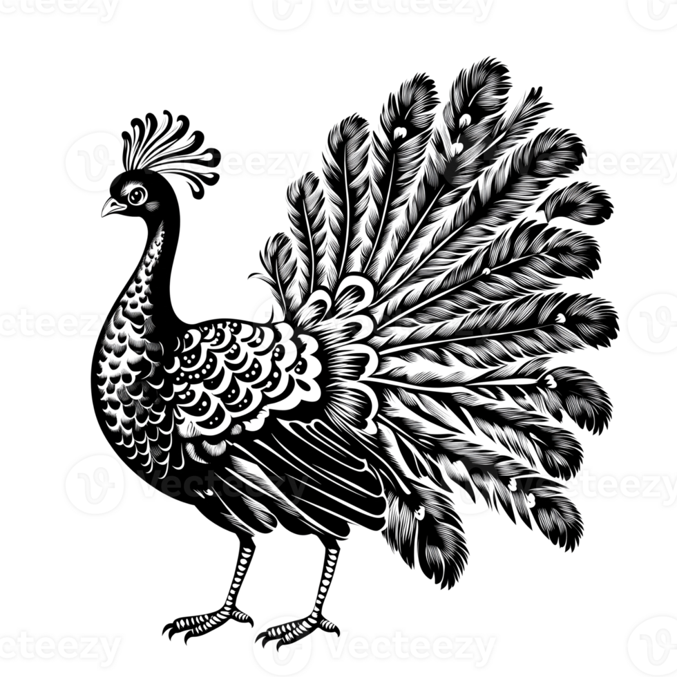 A black and white drawing of a peacock png