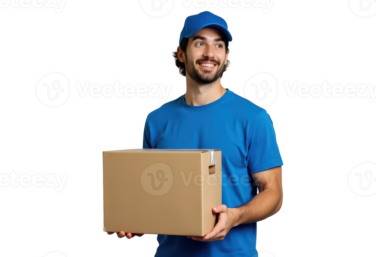 Delivery man wearing blue shirt and blue cap holding cardboard box isolated png