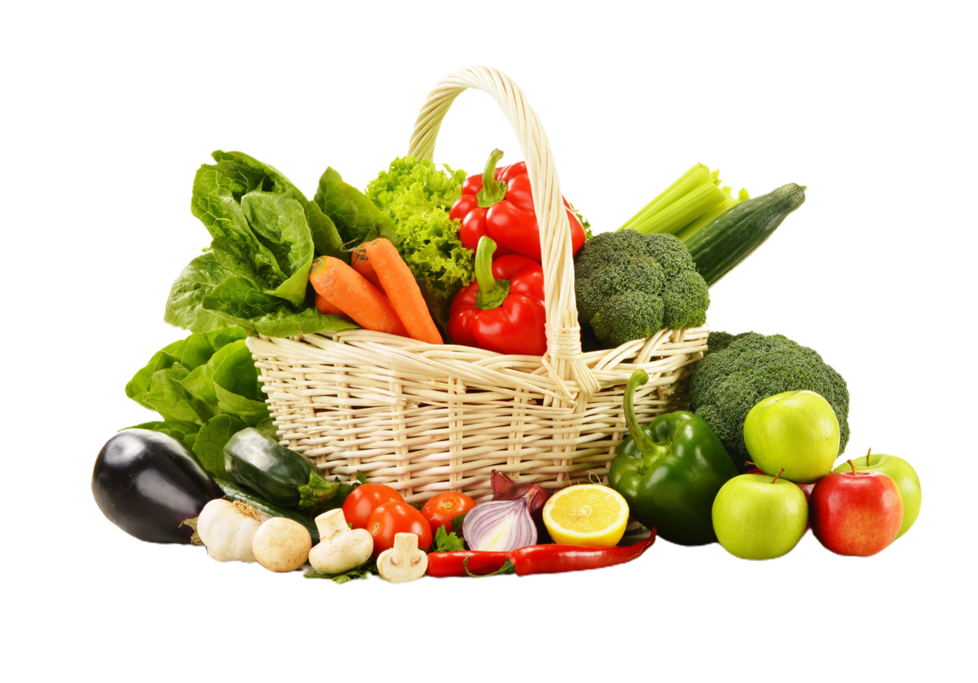 A basket full of vegetables and fruits png