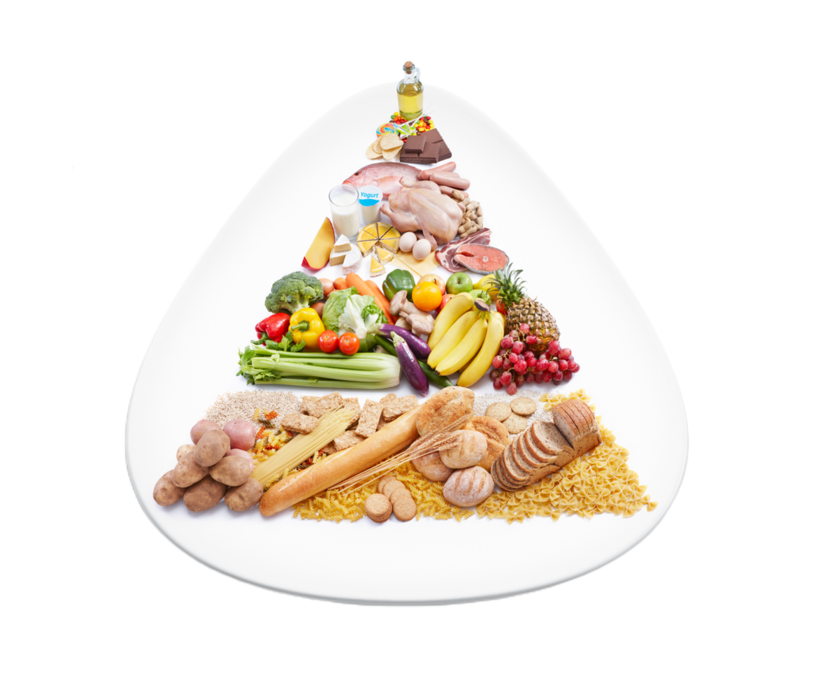 A pyramid of food is shown on a white plate png