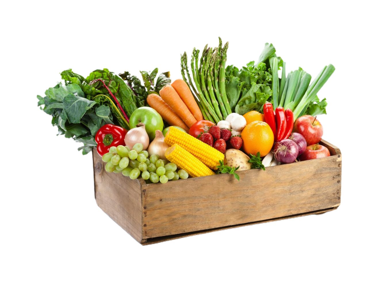 A wooden box filled with various fruits and vegetables png