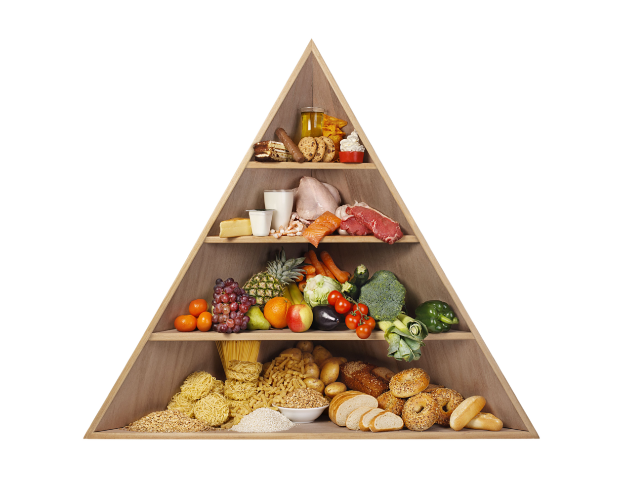 A pyramid shaped shelf with food on it png