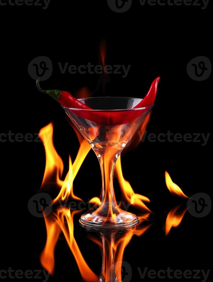 Hot chili pepper in a martini glass with a fire on a black background photo