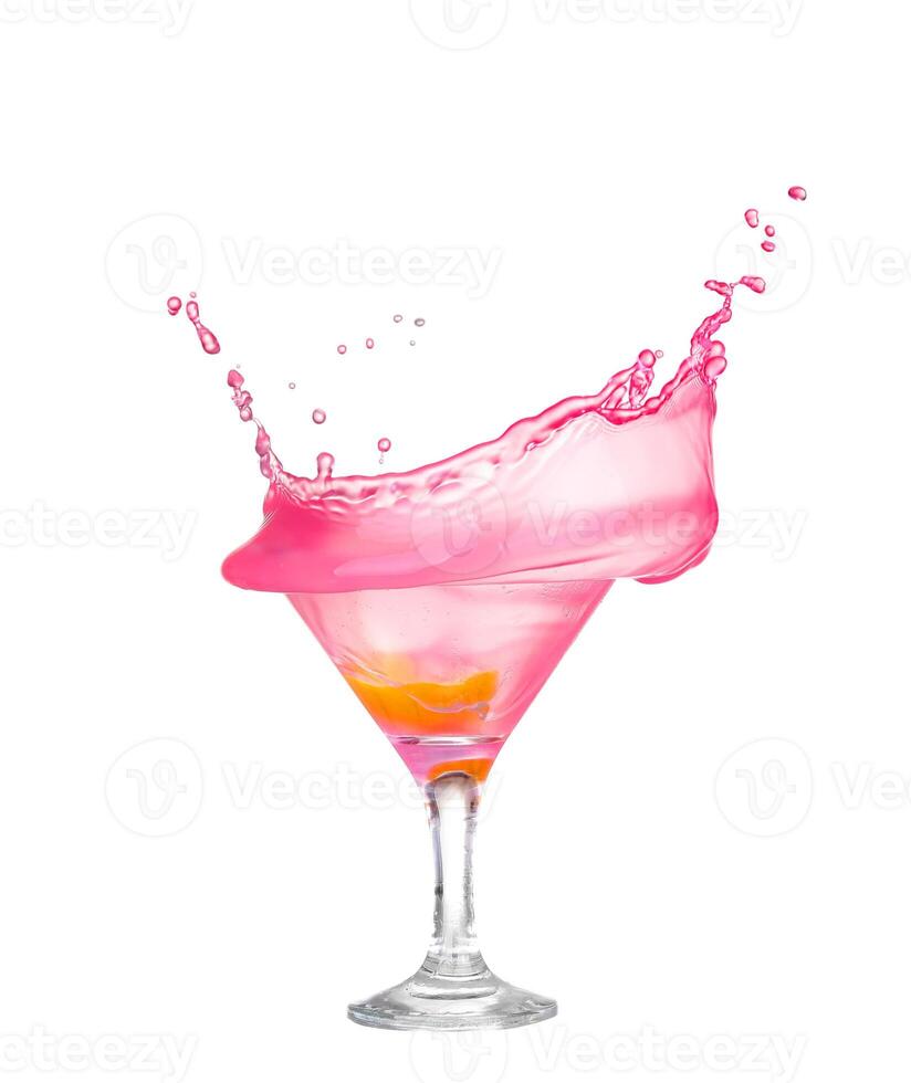 Fresh pink cocktail, lemon isolated on white background splash photo