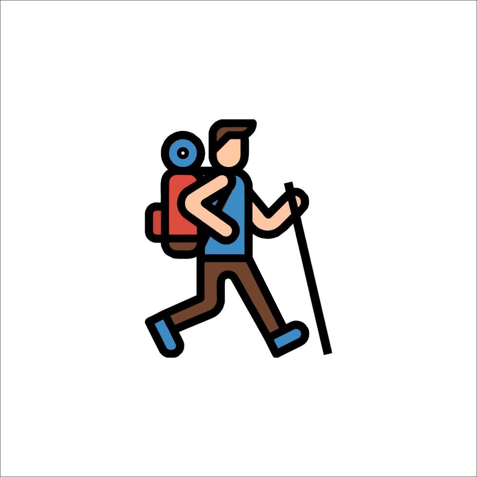 Hiker with backpack and walking stick icon vector