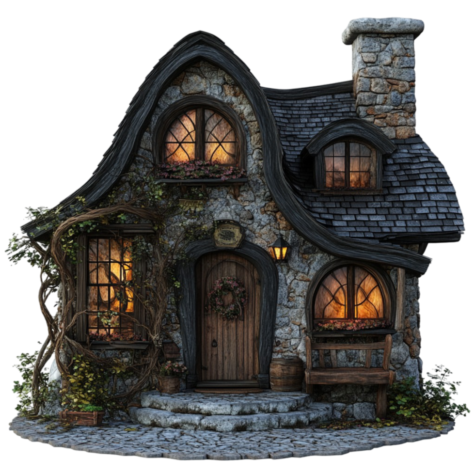 Dark Stone Cottage with Warm Lighting png
