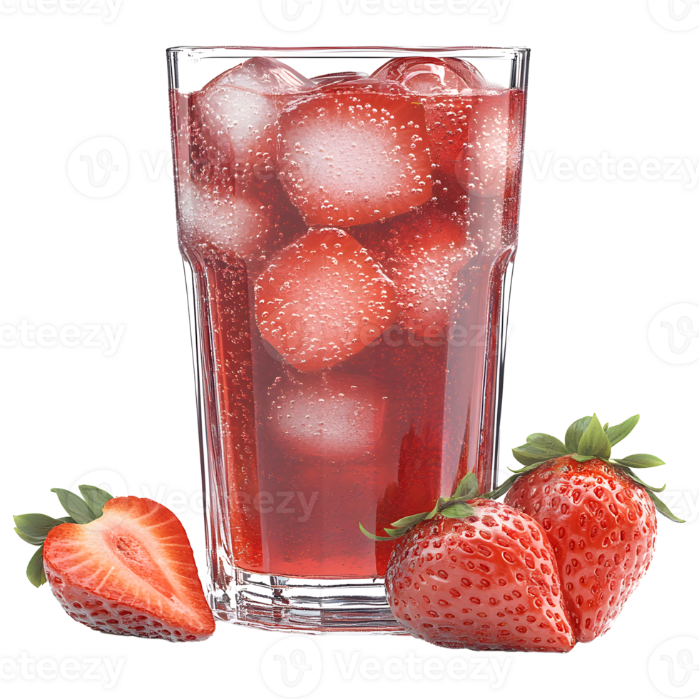 Refreshing Glass of Strawberry Juice with Ice Cubes on Transparent Background png