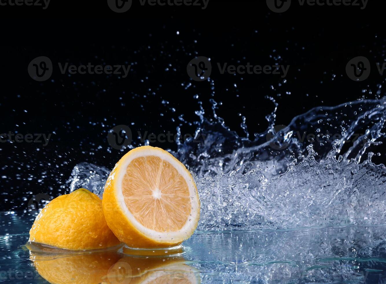 Sliced lemon in the water on black background photo