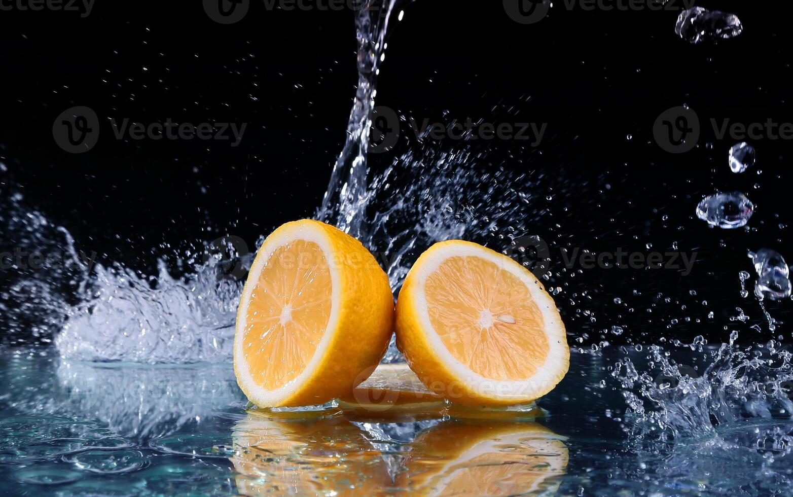 Sliced lemon in the water on black background photo