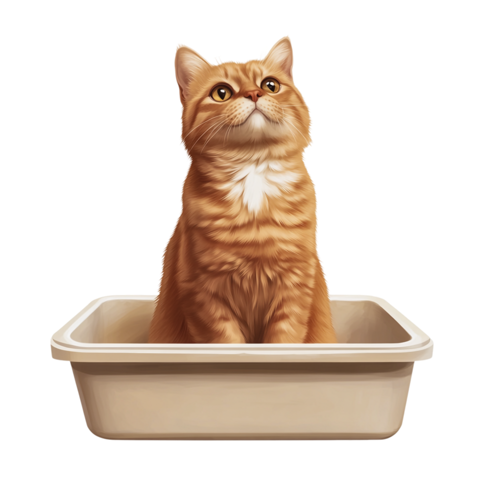 Realistic Cat Sitting in Litter Box on Transparent Background png