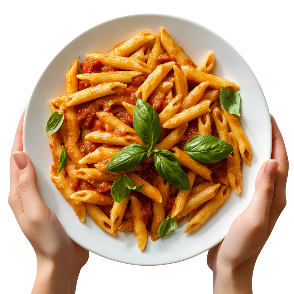 Pasta Dish with Basil and Tomato Sauce on Transparent Background png