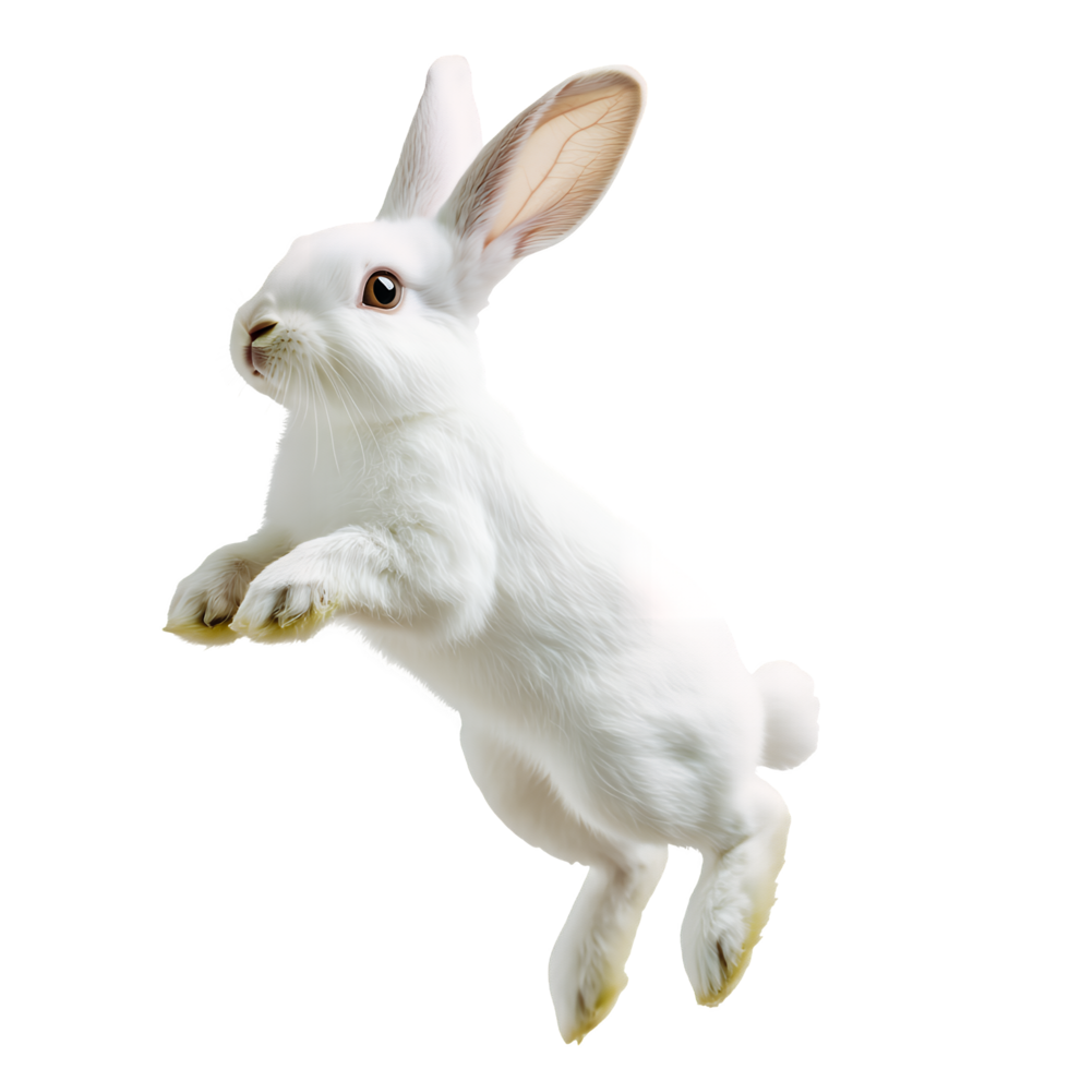 Adorable White Rabbit Mid-Jump with High Detail on Transparent Background png