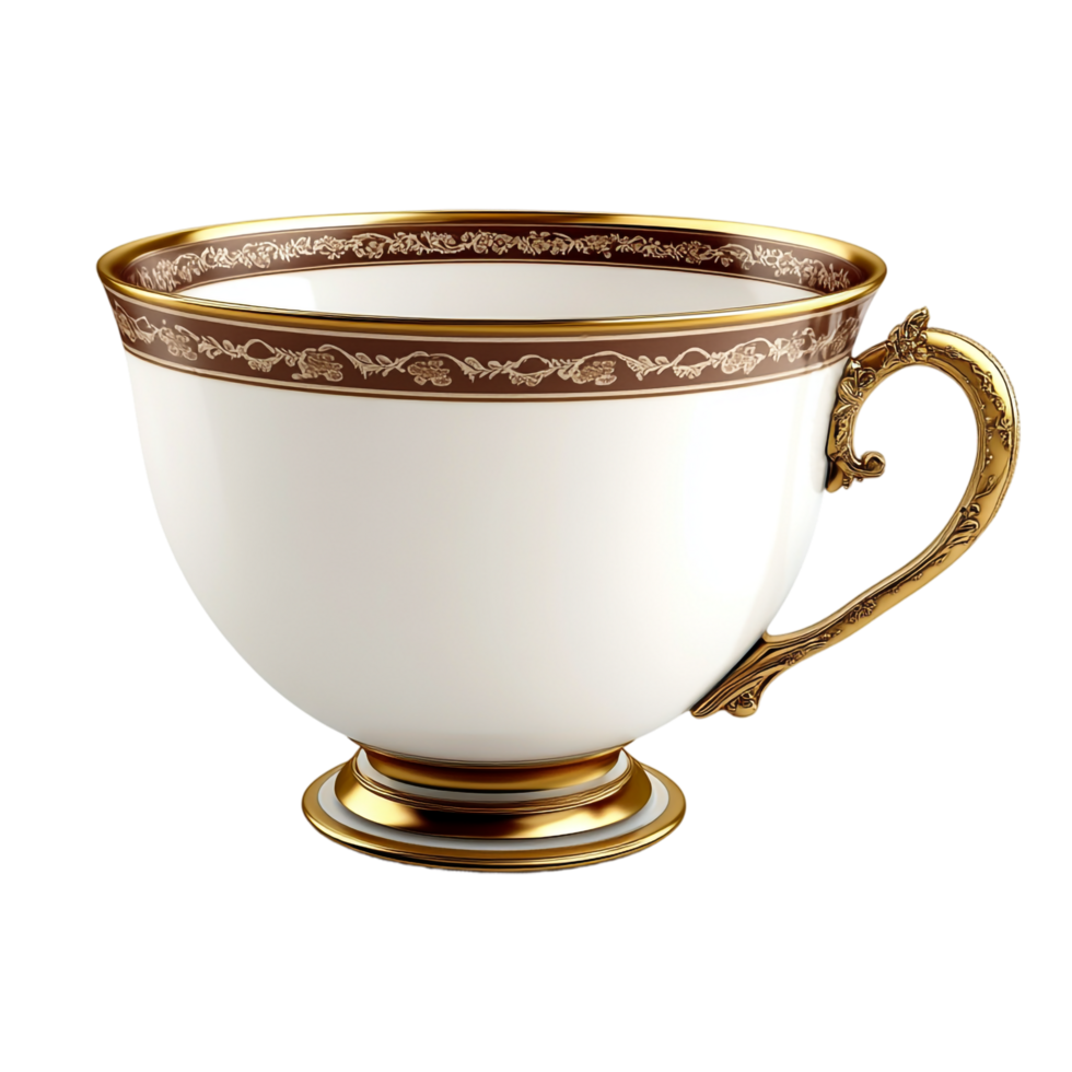 Elegant Tea Cup with Gold Decoration and Hyper-Realistic Details png