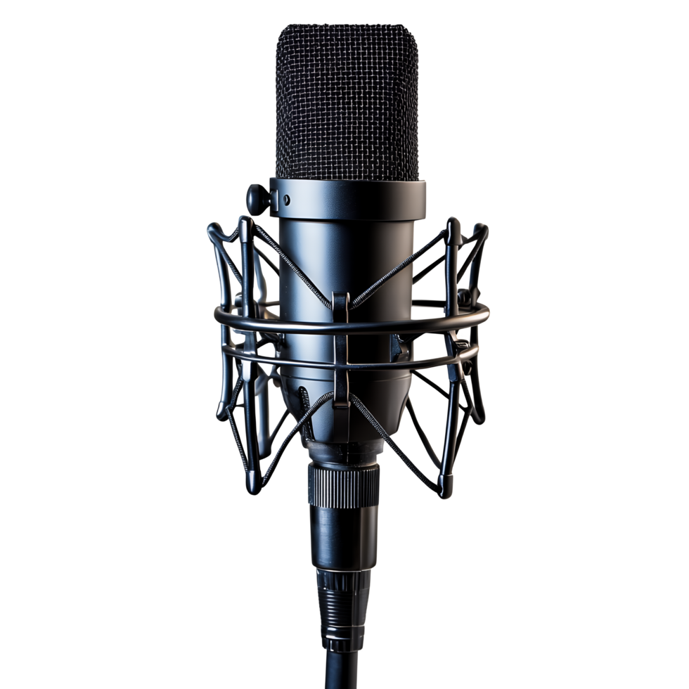 Black Microphone with Pop Filter on Stand Isolated on Transparent Background png