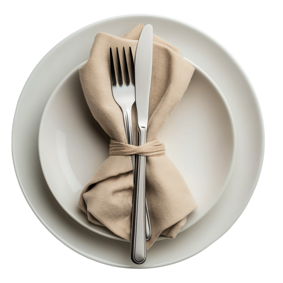 Cutlery on Plates with Beige Napkin on Transparent Background png