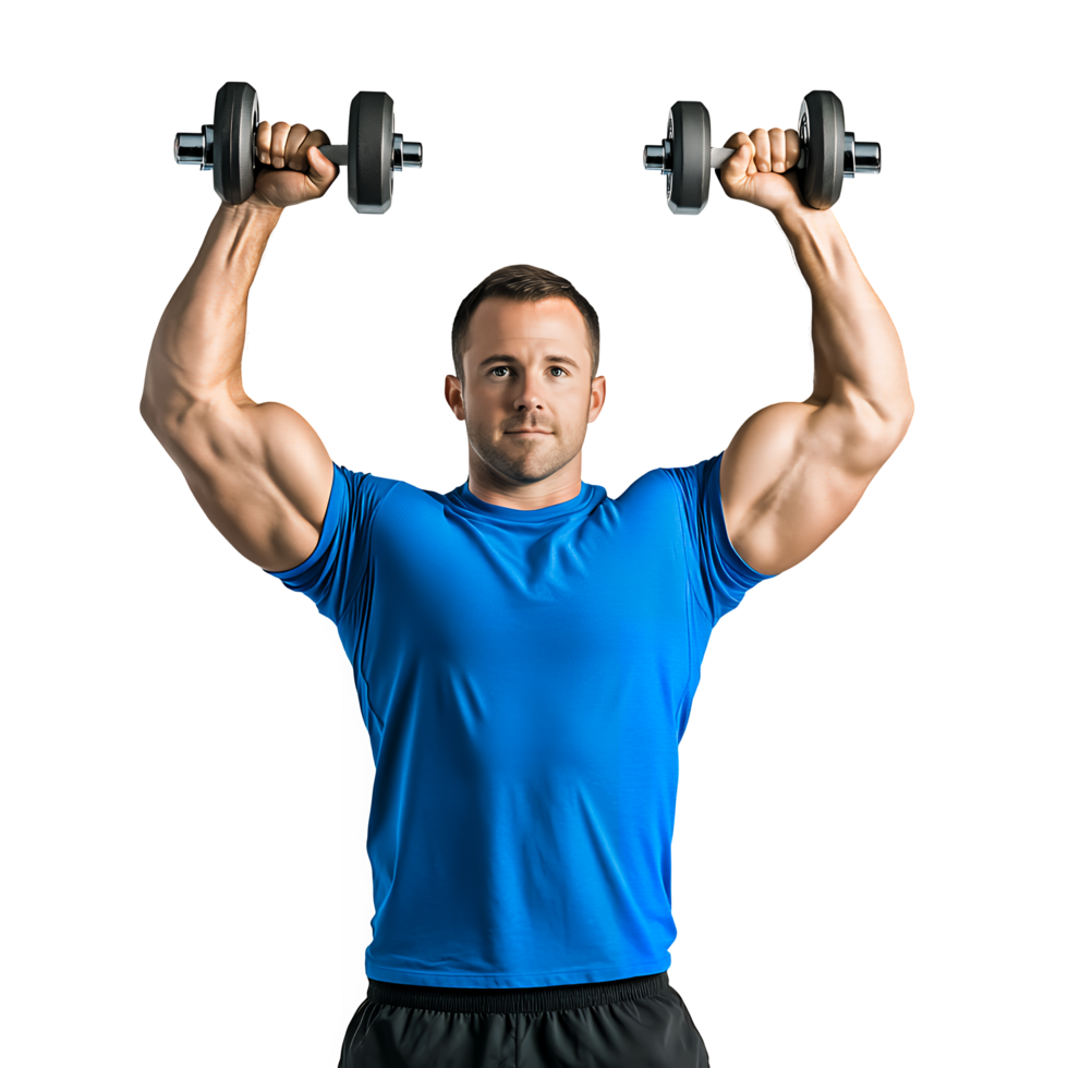 Man Lifting Dumbbells in Blue T-Shirt Isolated on Transparent Background png