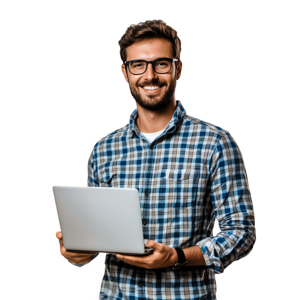 Happy Man Holding Laptop Working from Home Isolated on Transparent Background png