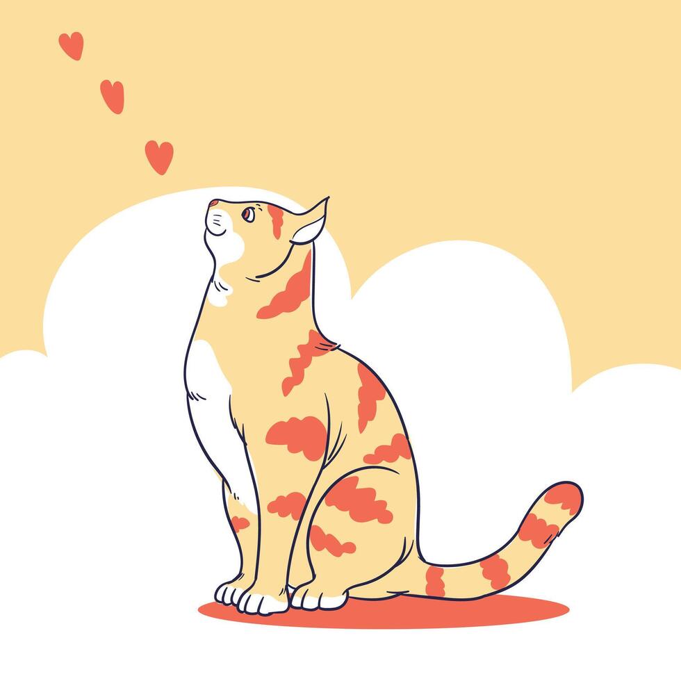 Cat character looking at the sky with a little heart hand drawn line art adorable pet illustration vector